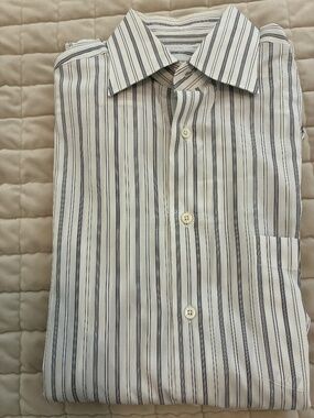 Ermenegildo Zegna Dress Shirt 41/16 White Navy Charcoal Bold Stripe Italian Luxu